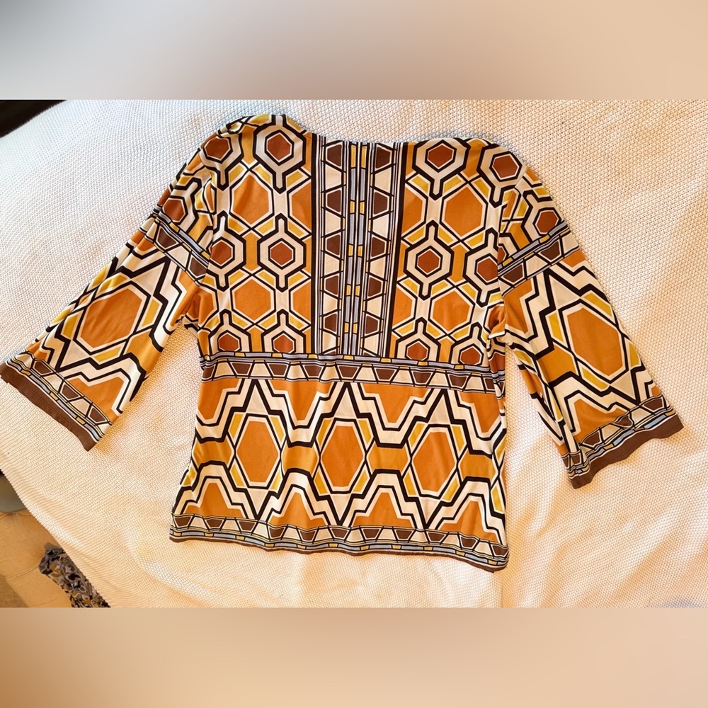CHICO’S Yellow Gold White & Brown Geometric Blouse Tunic Top - Picture 11 of 16